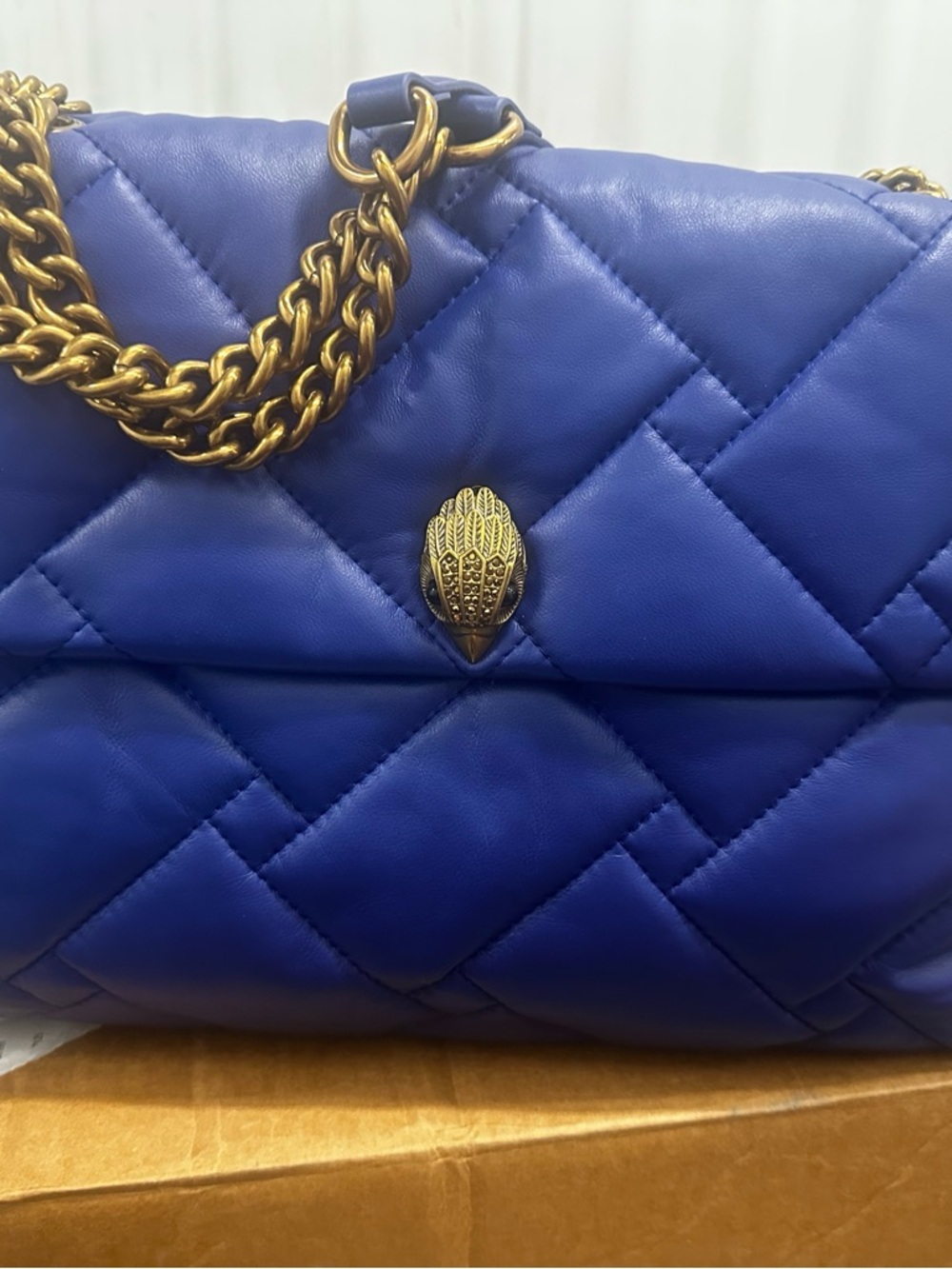 Quilted Blue Leather Shoulder Bag with Gold Chain